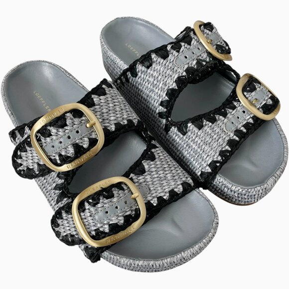 Loeffler Randall Theo Sandal 7 Blue Black Raffia Woven Platform Slide - Picture 5 of 12